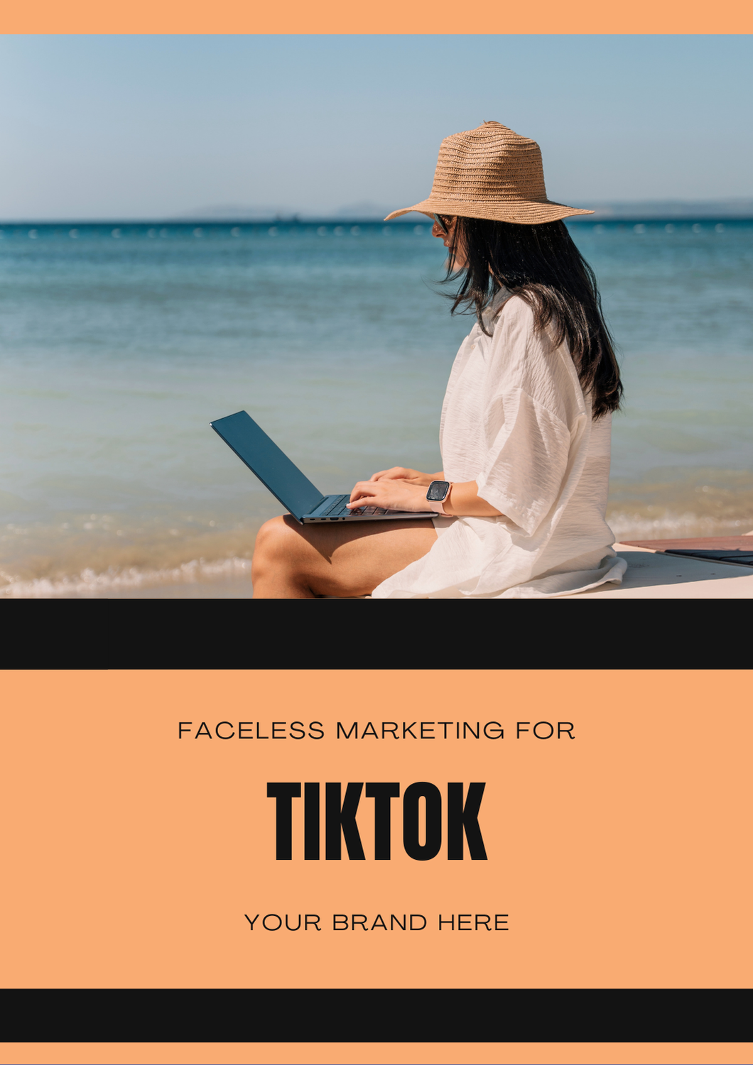 Woman by beach using laptop for faceless TikTok marketing, promoting your brand with digital strategies.