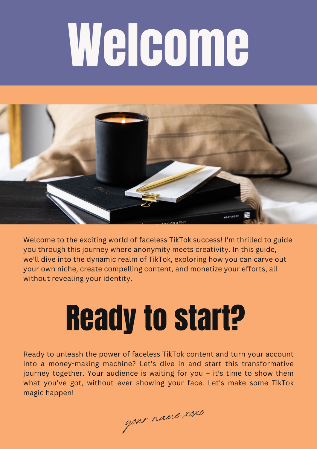 Welcome to Faceless TikTok Marketing Guide - Ebook, Pen, Candle on Table; Ready to Start Your TikTok Journey? 🔥✨ #TikTokMarketing 🚀