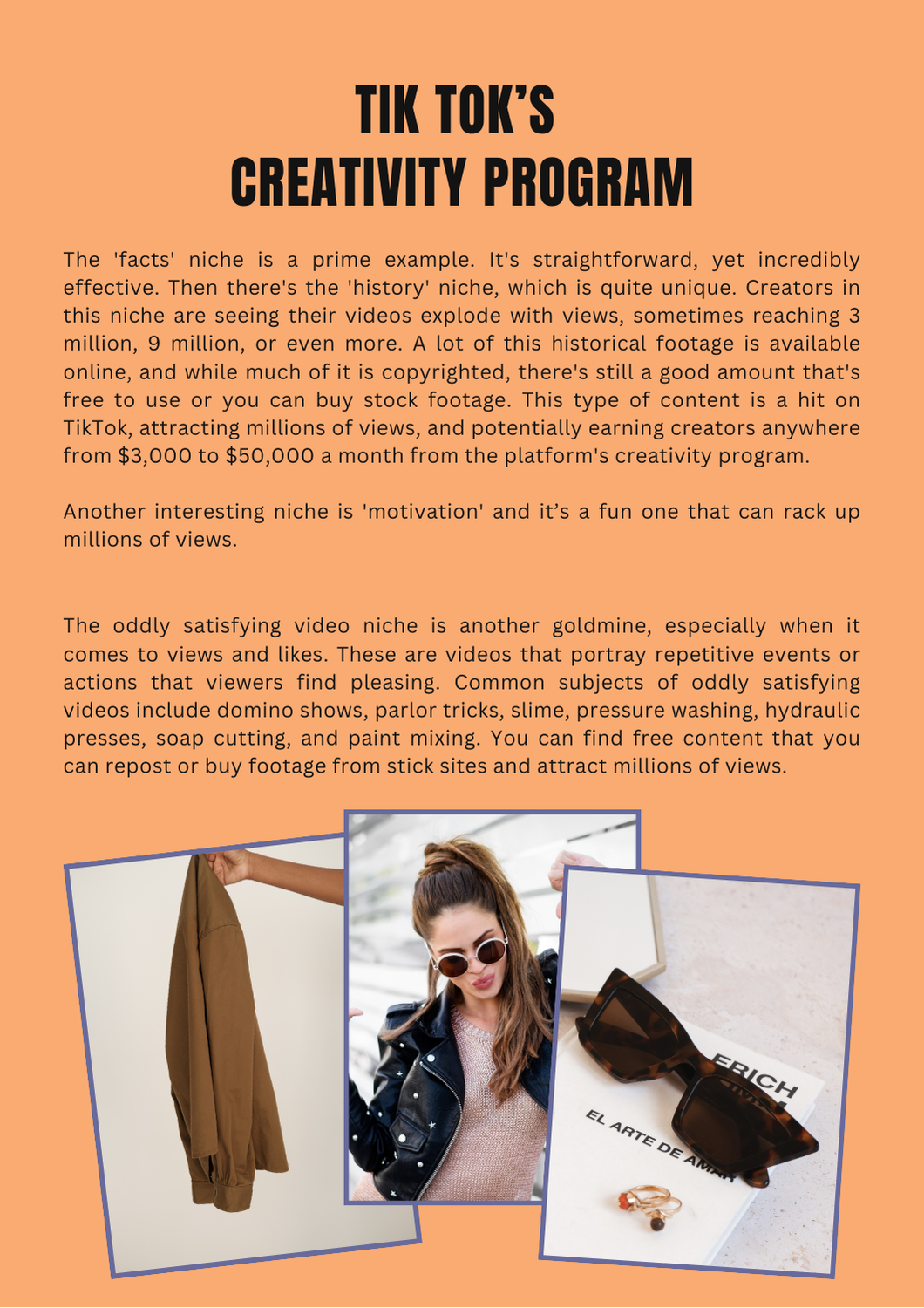 Informational flyer about TikTok's Creativity Program highlighting various niche content opportunities and showcasing examples of effective TikTok videos.