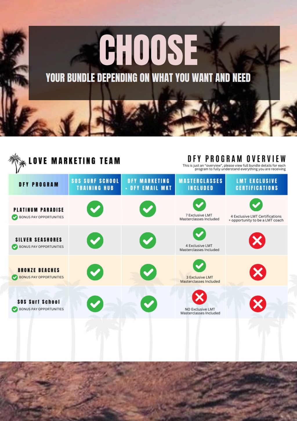 DFY Biz program comparison chart for Platinum Paradise, Silver Seashores, Bronze Beaches & SOS Surf School by Love Marketing Team.