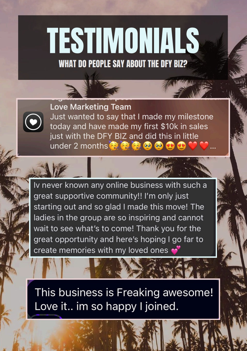 Testimonials of satisfied customers praising the Platinum Paradise Done For You business bundle.