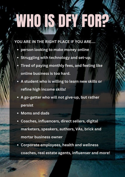 Benefits and description of the Platinum Paradise done-for-you business bundle for various professionals and individuals.